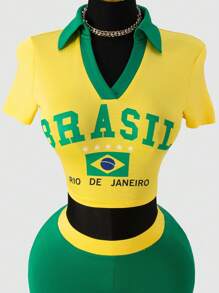 SHEIN SXY 女士日常两件套服装，女士夏季服装，图案T恤，女士短款上衣，可爱上衣，外出，夏季两件套，女士街头服饰，牙买加，巴西布拉加 - 彩色 - 查看 7