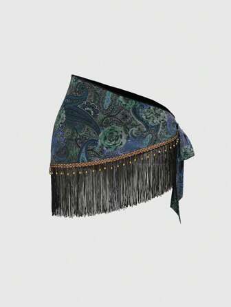 Hippie Falda campana de mujer con estampado paisley, flecos de cuentas de madera translúcida y cordón, estilo retro hippie para festival de música western