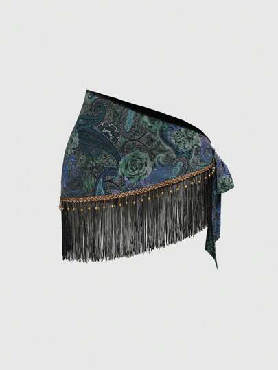 Damen Retro Hippie Western Music Festival durchsichtiger Rock mit Holzperlen-Fransen am Saum und Paisley-Muster, mit Tunnelzug