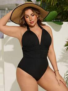 Swim Lushoire Maillot de bain une-pièce sexy à dos nu, col en V profond et plissé pour femmes grandes tailles, convient pour les fêtes à la plage