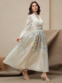 Anewsta 女士优雅长袖碎花蕾丝边镂空长裙 - 彩色 - 查看 5