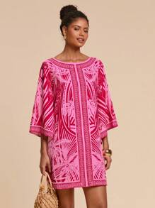 Travachic Vestido midi con estampado floral de estilo bohemio, escote en V y espalda abierta, manga de campana, adecuado para vacaciones y salidas - Multicolor - Ver 4