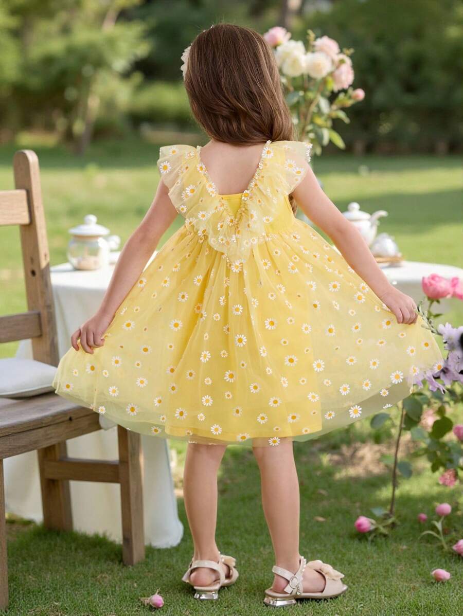 SHEIN 年轻女孩编织网眼荷叶边下摆休闲连衣裙