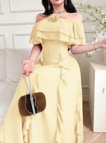 Feyla Vestido largo de mujer elegante de unicolor con volantes 3D florales, hombros descubiertos y bajo asimétrico - Amarillo - Ver 4