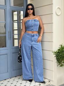 Jeanoix 时尚休闲百搭钩针面料牛仔上衣 - 中等水洗藍 - 查看 4