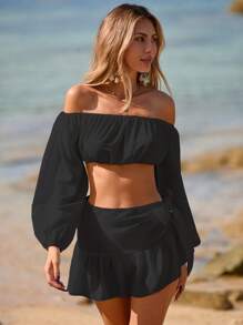 Swim Vcay 2件套女士夏季海滩纯色荷叶边罩衫套装 - 黑色 - 查看 5