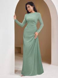 Veilorie Women's Solid Color Pleated Elegant Long Sleeve Dress