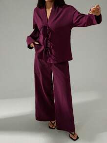 SHEIN PETITE 女士休闲优雅系带衬衫和高腰弹力宽松阔腿裤 2 件套，度假时尚 - 紫色 - 查看 6