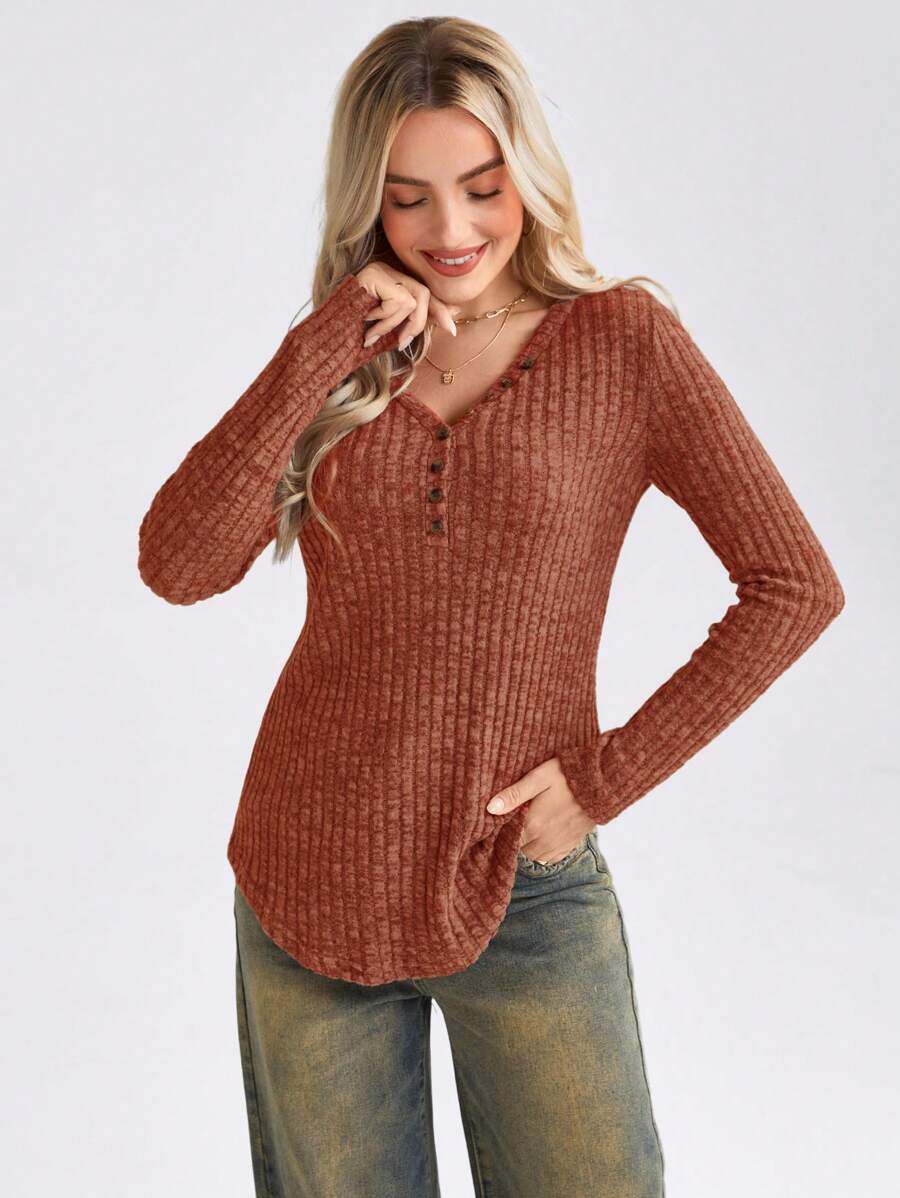SHEIN LUNE Áo thun nữ tay dài cổ chữ V màu trơn có nút trang trí, họa tiết gân, thường ngày, mùa thu - Rỉ Nâu - Xem 1