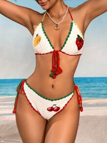 Swim Mod 2pcs/Set Women Embroidered Cute Strawberry, Lemon, Cherry Contrast Color Cover Up, Crochet, Casual, Suitable For Spring, Summer, Beach, Party