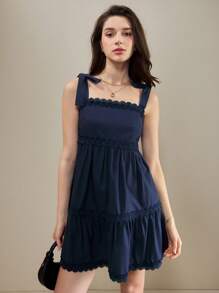 SHEIN Unity Women Solid Color Layered Ruffled Sleeveless Mini Dress, Summer Outfit,Dresses For Women Summer - Navy Blue - View 4