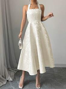 Elenzga 大码女式花卉提花吊带优雅连衣裙，夏季 - 杏色 - 查看 6