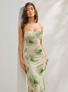 L'Amorae 女士水彩花卉印花网眼针织长款美人鱼连衣裙，背部交叉细节 - 彩色 - 查看 4