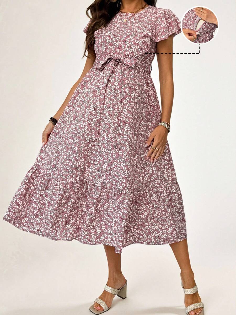 SHEIN 孕妇碎花荷叶边袖哺乳连衣裙，休闲假日风格 - 粉色 - 查看 1