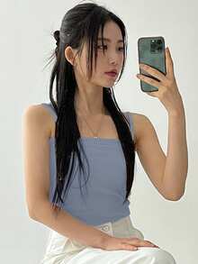 DAZY 女式夏季纯色短款修身吊带背心 - 霧霾藍 - 查看 3