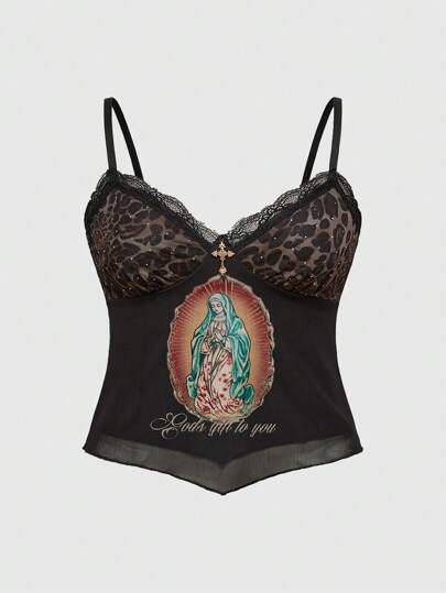 Fairycore Top tipo camiseta de tirantes con estampado de leopardo, encaje con strass y diseño de patchwork de Santa Maria, talla grande, estilo Y2K