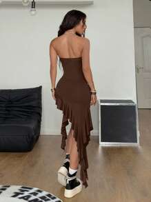 Coolane Vestido tubo de mujer con volantes y bajo asimétrico de unicolor, para verano, estilo bohemio, para salir - Café integral - Ver 2