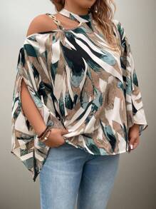 Flouryn Plus Size Women's Random Print Simple Daily Shirt One Shoulder Top - Multicolor - View 7