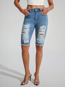 SHEIN Essnce Distressed Pockets Contrast Color Casual Versatile Skinny Denim Capri Pants