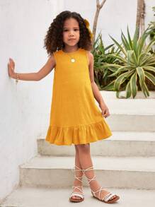 Young Girl Vacation Casual Fashion Solid Color Sleeveless Woven Dress - Yellow - View 3