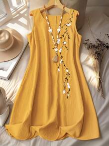 Vestido casual de talla grande para mujer con bordado y sin mangas para vacaciones - Amarillo - Ver 1