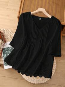 EMERY ROSE 女士夏季純色V領短袖休閒寬鬆襯衫 - 黑色 - 查看 1