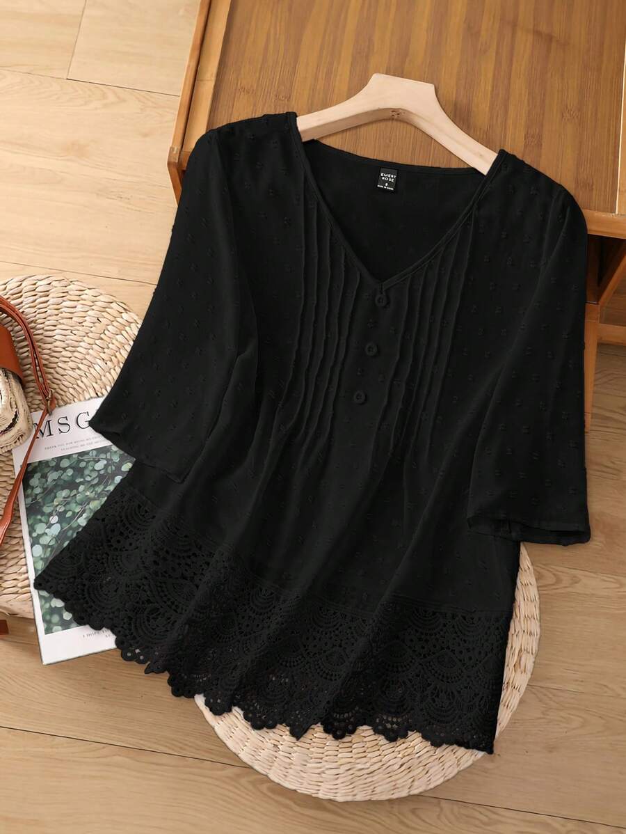 EMERY ROSE 女士夏季純色V領短袖休閒寬鬆襯衫 - 黑色 - 查看 1