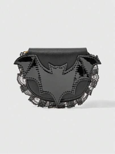 Goth Gothic Lace Edging Asymmetric Bat Shape Wallet, Card Holder Short Purse, Halloween, Black
