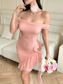 Modelyn 女士纯色露肩褶皱拼接荷叶边修身优雅短裙，优雅礼服，女士生日短裙，夏季女士休闲连衣裙，女士时尚性感婚礼派对舞会性感连衣裙，收腰面料舒适柔软有弹性，适合返校季夏季穿着，粉色印花女士连衣裙 - 粉色 - 查看 1