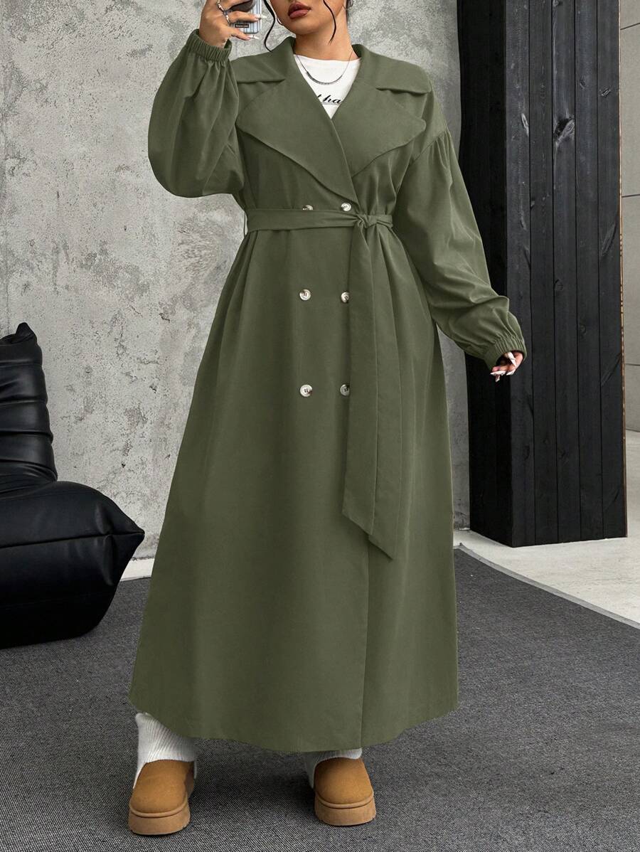 SHEIN EZwear 大码橄榄绿色双排扣系带长袖长款风衣，秋冬 - 橄欖綠 - 查看 1