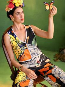 ISELACOS Frida Kahlo X SHEIN X Designer 全印花无袖撞色边背心夹克，带刺绣蕾丝贴片 - 彩色 - 查看 7