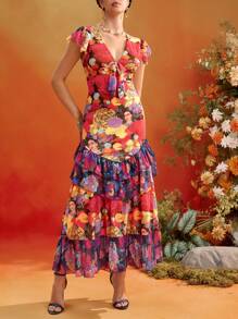 Redefinition Frida Kahlo X SHEIN X Designer Váy xếp lớp cổ chữ V in hoa tay lỡ xếp nếp cho kỳ nghỉ hè của phụ nữ - Nhiều màu - Xem 8