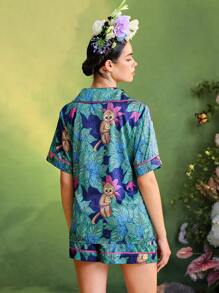 TIYA Frida Kahlo X SHEIN X Designer Summer Tropical Printed Satin Piping Casual Short Sleeve Button Up Top & Shorts Sets - Multicolor - View 2