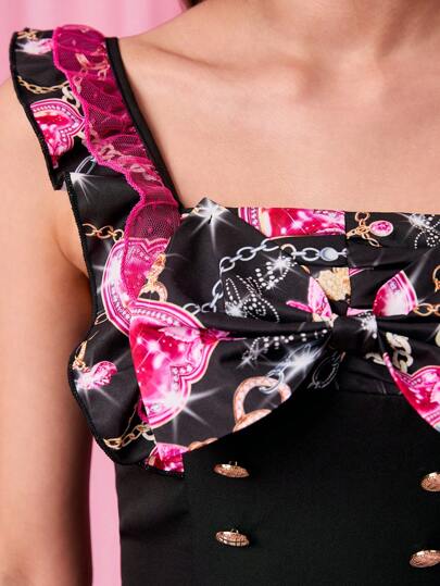 ROMWE Avant Women's Vintage Style Harajuku Fashion Colorblock Bow Lace Trim Chain Print Mini Dress