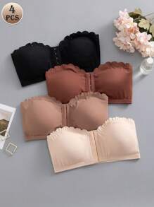 SHEIN Bộ 4 chiếc/Bộ đồ lót nữ nhiều màu, áo ngực không dây, khóa trước viền sóng, áo ngực cúp ngực có đệm có thể tháo rời - Nhiều màu - Xem 4