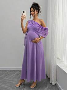 Momance French Elegant Chiffon Asymmetrical Ruffle Off-Shoulder Maternity Dress, Stylish For Everyday Wear - Purple - View 1