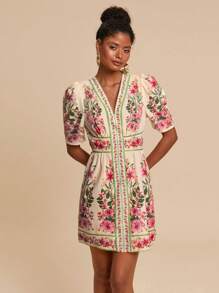 Travachic Woven Graphic Print Short Sleeve Mini Dress For Women,Summer Outfits For Women, Suitable For Holiday , Afternoon Tea, Wedding Season, Beach Cruise Vacation, City Road Trip Vacation, Boho Vacation, Music Festival , Beachwear, Easter, Beach Outfits For Woman, Elegant Dress For Women, Vacation Outfits Women, Concert Outfit Women, Tropical Vacation Woman Clothes, Holiday Outfits, Bohemian Clothes,For Spring Sunmmer And Autumn ,Easter,Holiday Outfits,Beach Outfits For Woman,Spring Break,Vacation Outfits Women,Concert Outfit Women, Tropical Vacation Woman Clothes, Romantic - Beige - View 5