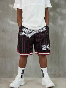 Coolane Shorts de malla con cordón en la cintura, con rayas y estampado de letras, para adolescentes en primavera/verano