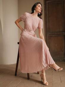 Anewsta 女士优雅约会之夜短袖褶皱泡泡袖花卉串珠长裙，腰部细节，面料拼接，春夏节/毕业 - 粉色 - 查看 6