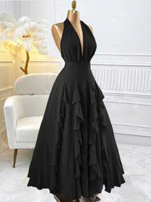 Rafferiza Women Red Boho Romantic Elegant Wedding Guest Graduation Birthday Dresses Evening Beach Sun Dress Western Wear Concert Outfit Holiday Travel V-Neck 2025 Spring And Summer New Loose Casual Halter Random Free Straps Original Design Multi-Layered Ruffled Bow Long Maxi Dress - Black - View 3