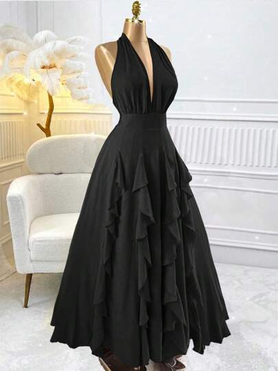 SHEIN Raffinéa Women Black Summer Elegant Party Dress Boho V-Neck Halter Ruffled Maxi Dress, Wedding Guest Birthday Graduation Evening Gown 2025