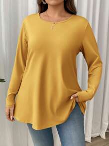 SHEIN Privé Camiseta de manga larga holgada y elástica de cuello redondo lisa, talla grande, adecuada para tiempo libre, hogar y ropa de resortacion - Amarillo - Ver 1