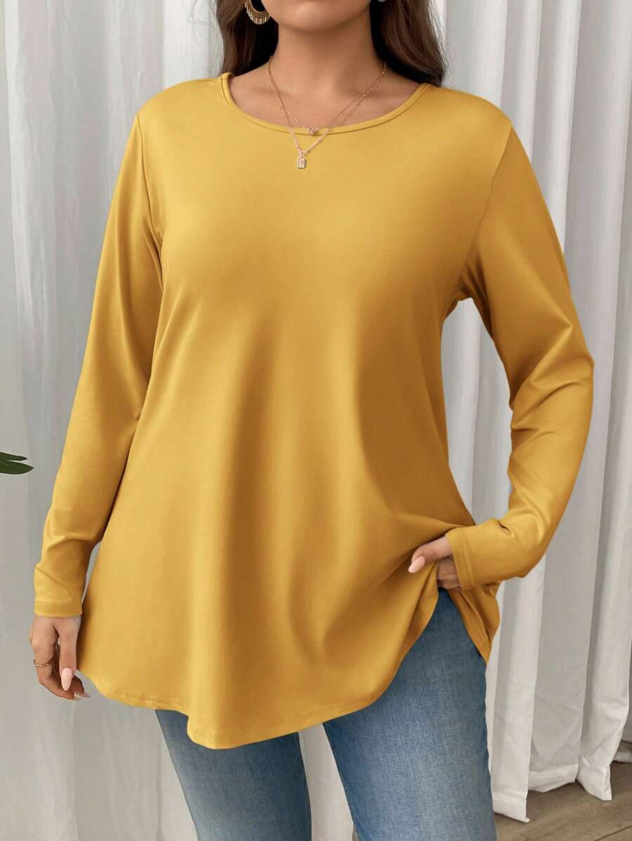 SHEIN Privé Camiseta de manga larga holgada y elástica de cuello redondo lisa, talla grande, adecuada para tiempo libre, hogar y ropa de resortacion - Amarillo - Ver 1