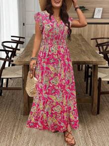 SHEIN Holidaya Vestido de verano casual y elegante para vacaciones, con cuello en V, mangas de campana y estampado de paisley, para mujer talla grande - Multicolor - Ver 3