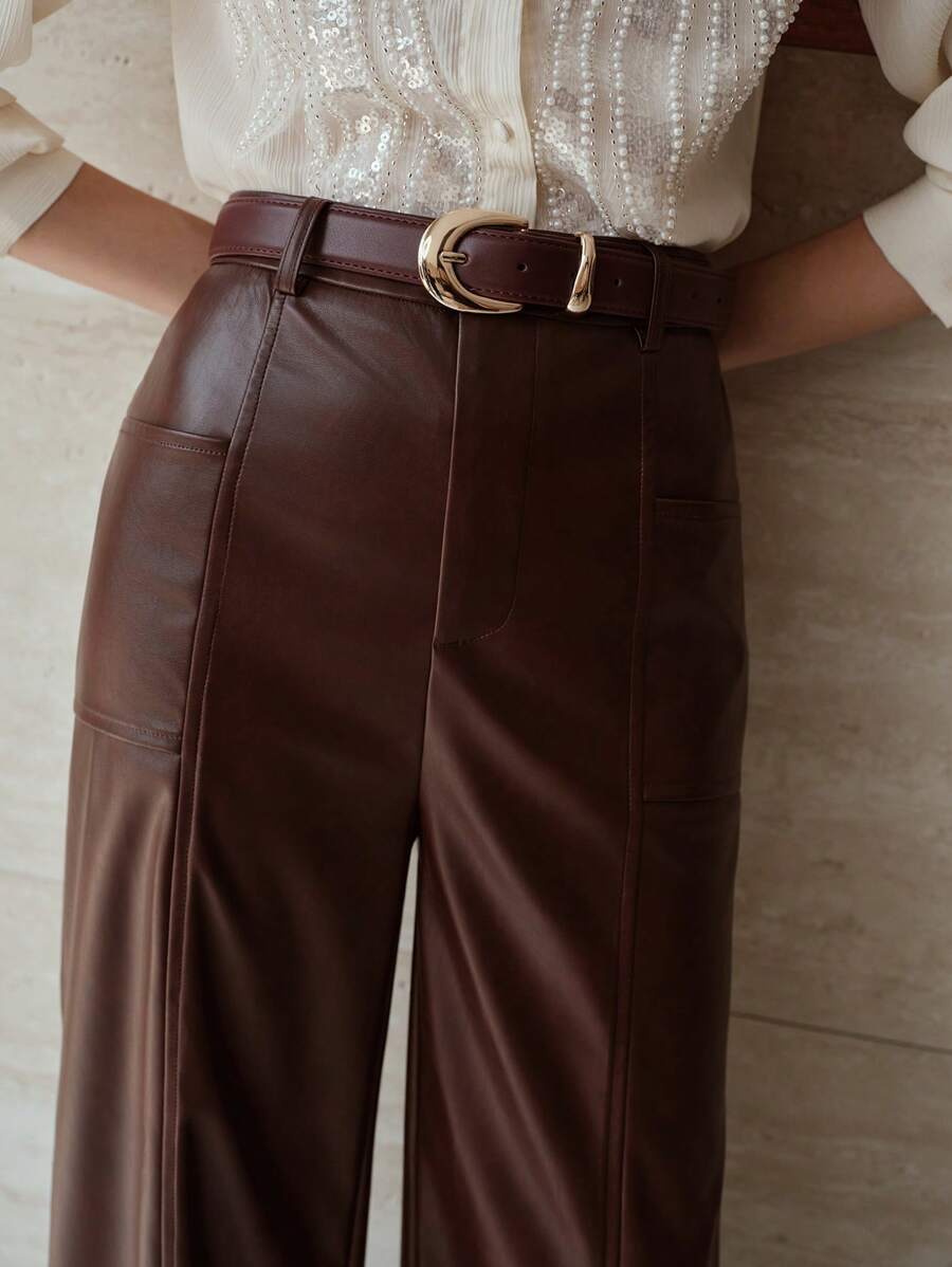 MOTF PREMIUM PU 皮革缝线前扣腰带阔腿裤