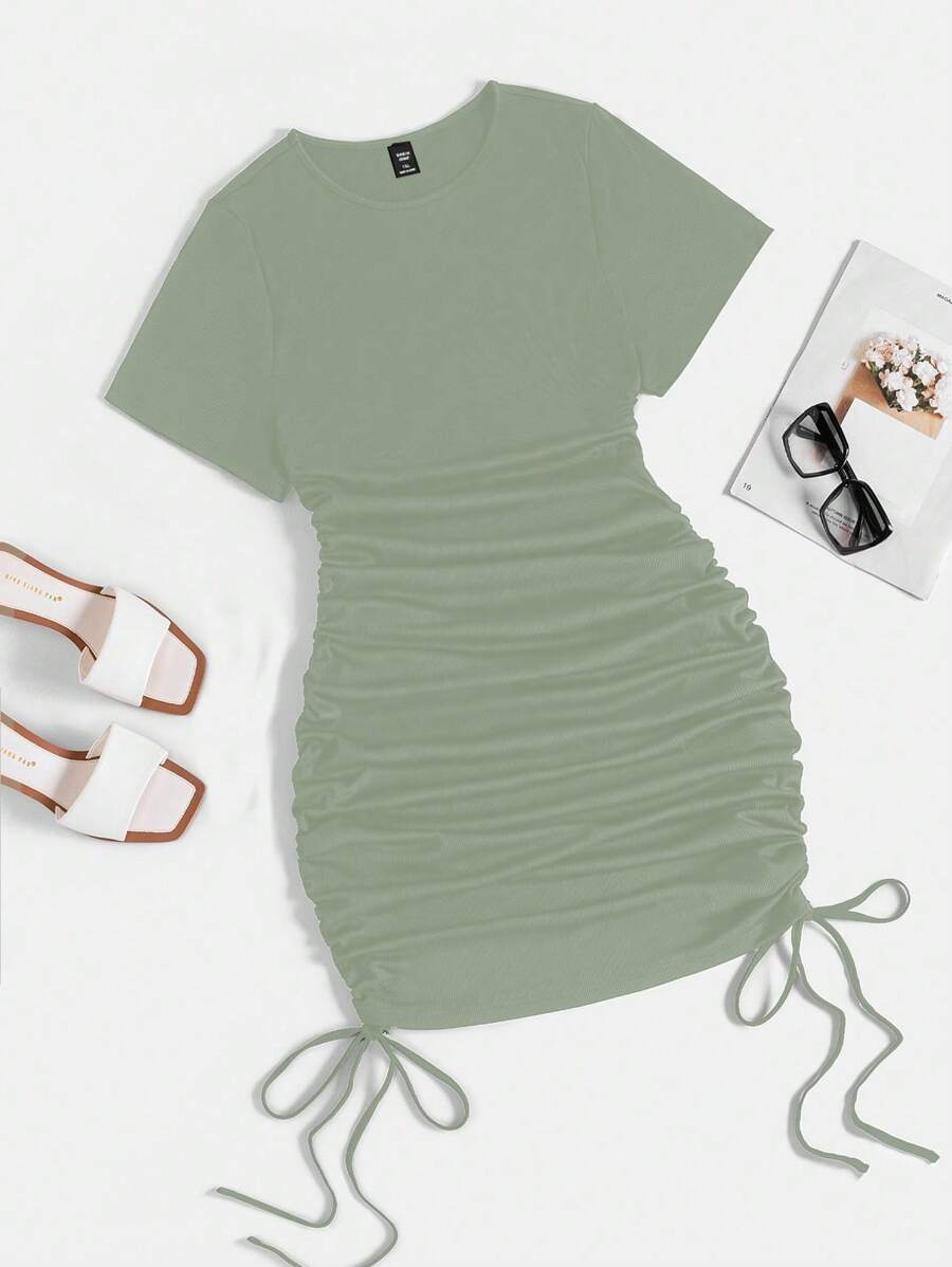 Flirla 大码休闲纯色侧抽绳连衣裙，夏季 - 綠色 - 查看 1