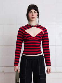 COUREZ 条纹连帽开衫 / 女士夏季穿搭 / 夏季上衣 / 街头休闲 / Y2K 复古风 - 紅色 - 查看 4