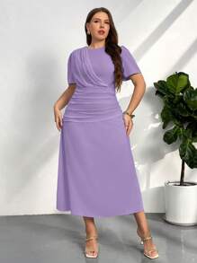 Firerie Đầm xòe nhún bèo nhún cho nữ mùa xuân/hè cỡ lớn, đầm công sở thanh lịch, rộng rãi, tay ngắn, thích hợp đi nghỉ/đi làm - Màu tím hoa cà - Xem 3