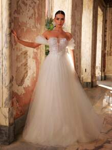 Glamrae Plus Size Summer Elegant Romantic Gorgeous White One Shoulder Bubble Butterfly Sleeves Dot Mesh Splicing Solid Color Mesh Luxury Pearl Sequins Embroidery Applique Design Puffy Skirt Suitable For Romantic Wedding Events Vacation Honeymoon Party Bride Beautiful Wedding Dress - White - View 5