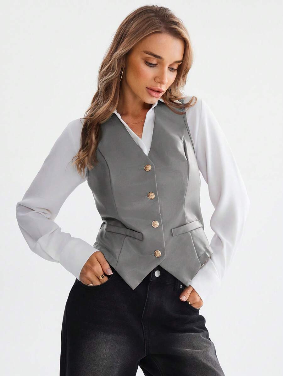 SHEIN LUNE PU 金属纽扣无袖夹克背心 - 淺灰色 - 查看 1